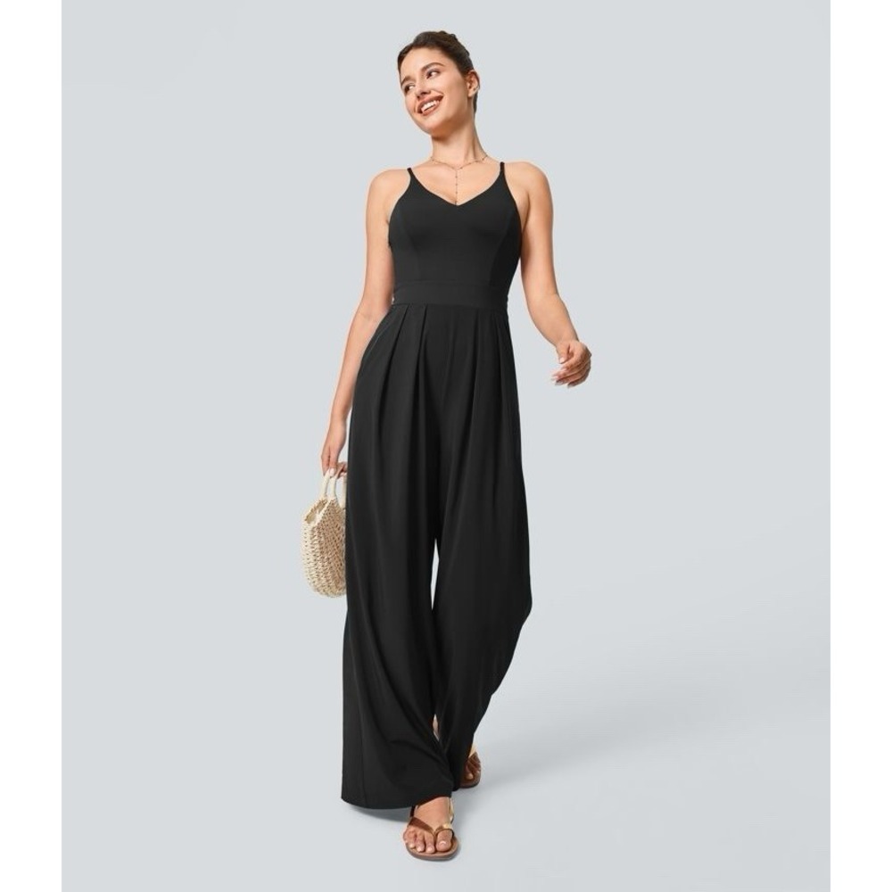 Halara Breezful Jumpsuit S Tall Black Wide Leg  V Neck Stretch Athleisure